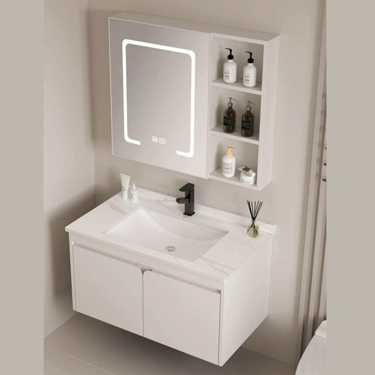 Baño de acero inoxidable tipo pared gabinete de baño combinado integral cerámica lavabo de roca lavabo de mano lavabo de cara lavabo espejo gabinete