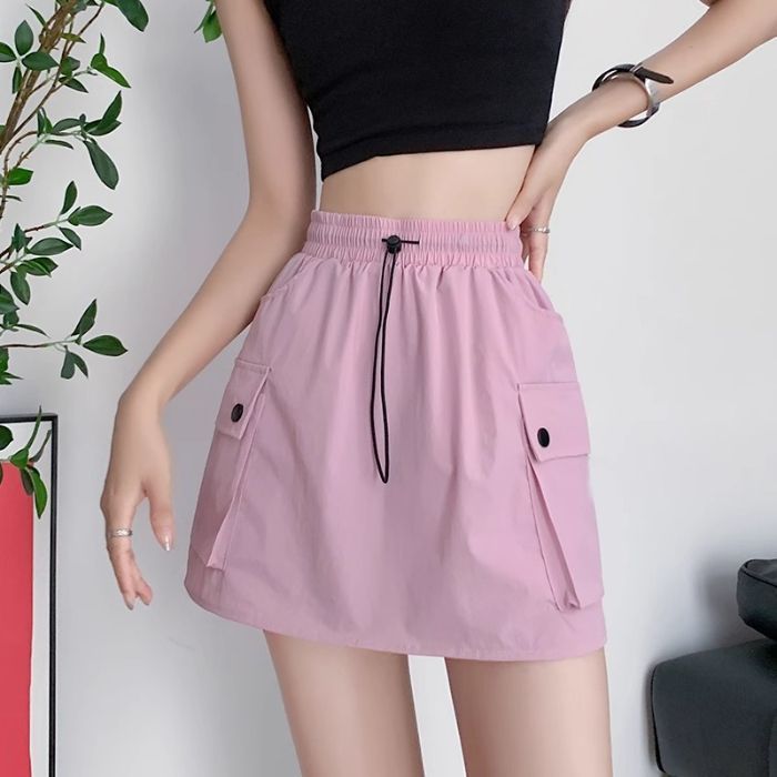 ヨーロッパとアメリカのストリートホットガール巾着弾性ウエスト作業服スカートレトロ夏痩身カレッジスタイルヒップカバーミディスカート|undefined