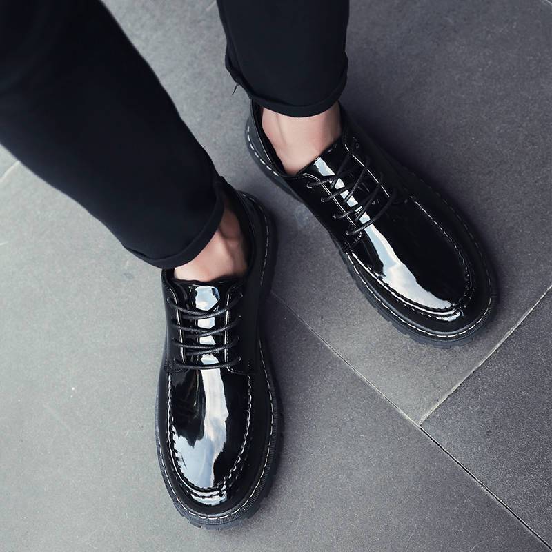 Teenagers Black British Small Leather Shoes Men's Korean Style Trendy Versatile Student Round-Toe Lace-Up Casual Shoes Men's Bright Leather Shoes