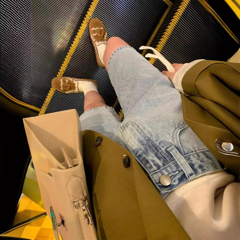 [in stock] MS two-color Denim shorts women's summer new straight high waist loose five-point riding pants