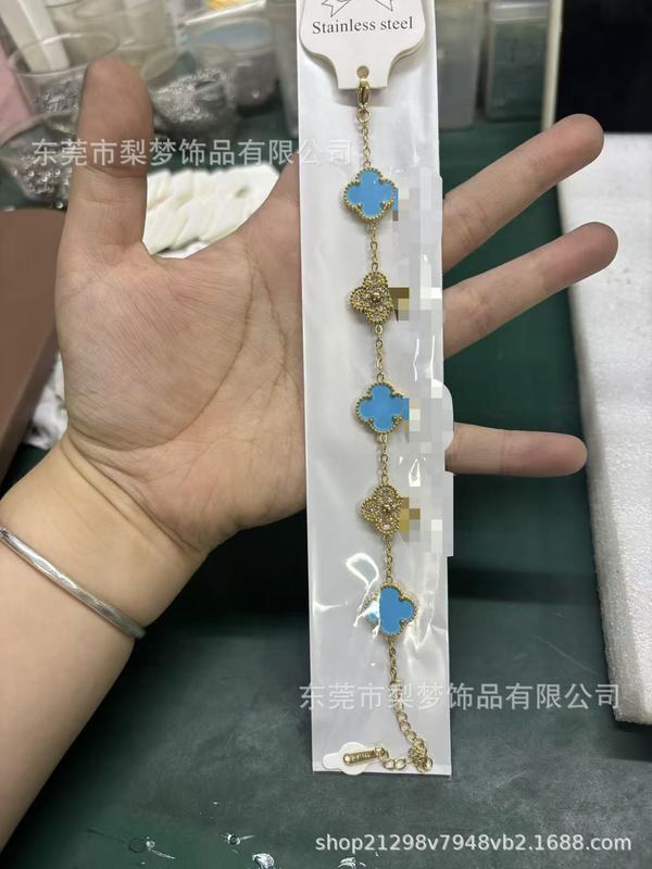 爆款不褪色钛钢双面15mm四叶草镶钻手链18K 手饰女欧美风五花手链|undefined