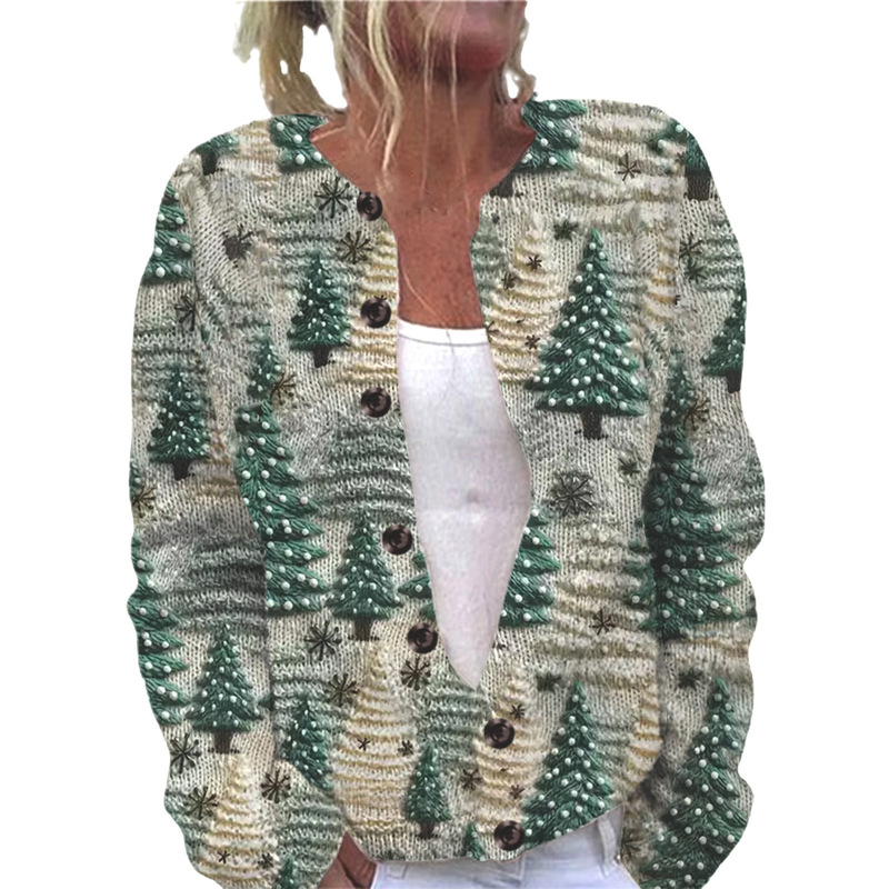 Printed 3D long-sleeve Christmas faux sweater with round neck, cross-border European and American Halloween women's cardigan, casual independent station