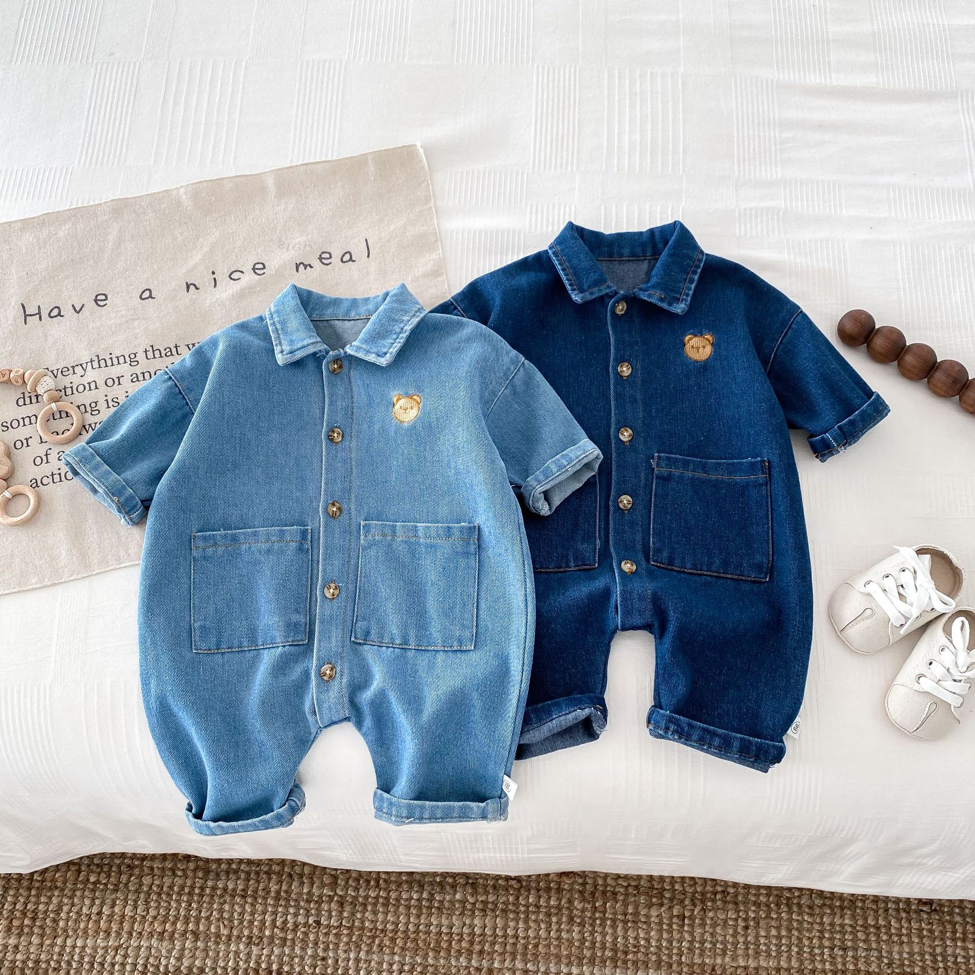 Ropa de vaina de bebé 0-1 años de edad bebé suave Denim Correa primavera y otoño temporada niños y niñas bebé oso ropa mono
