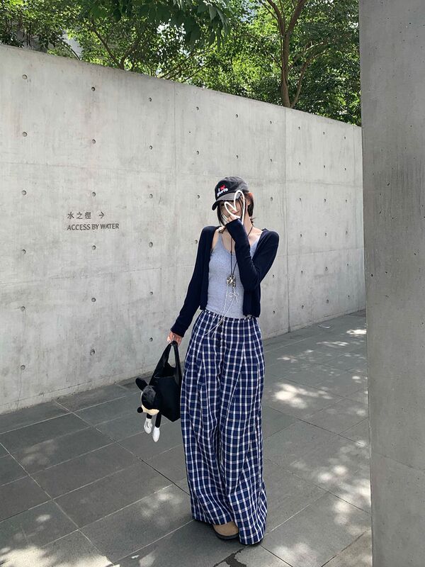 休闲套装带胸垫吊带背心女长袖防晒外套早秋格子阔腿长裤时尚套装|undefined