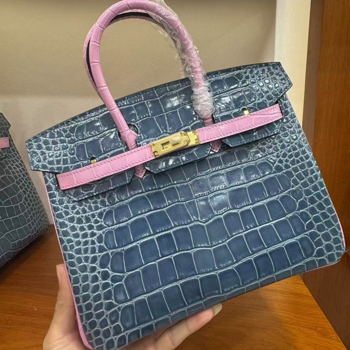 h家新款高档鳄鱼纹手提包包女手缝真皮包包气质百搭25cm铂金包