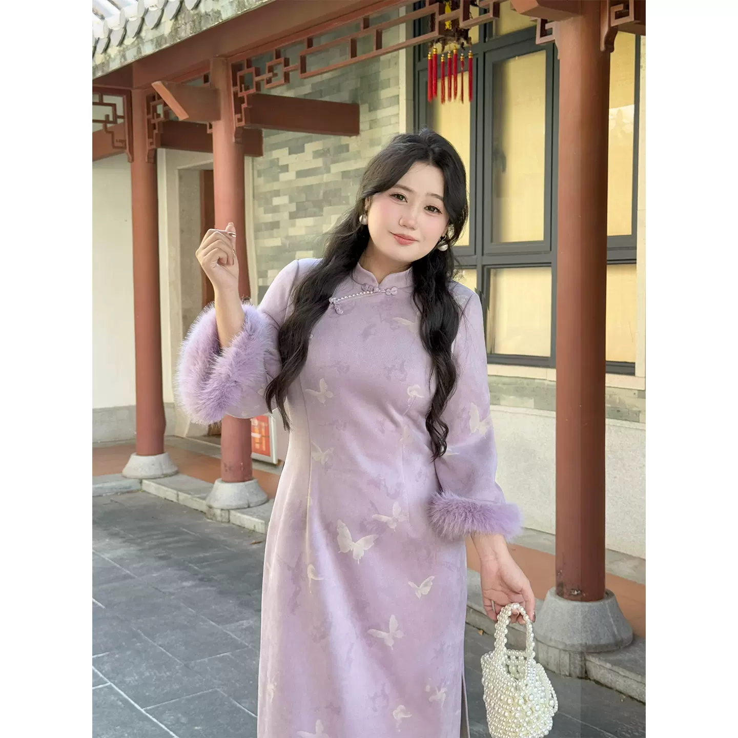 52030韩版气质紫色优雅年轻2025冬季新款修身显瘦新中式大码旗袍