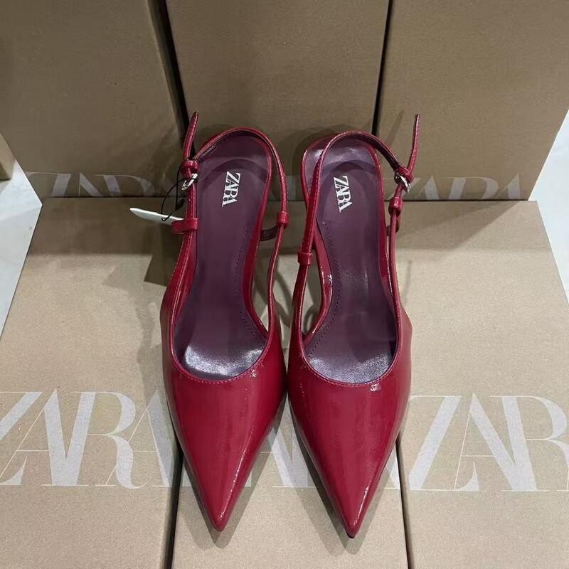 Za2025 Spring New Women's Shoes Red Patent Leather Slingback Pointed Toe Stiletto Heels Flats Buckle Strap Mule Shoes Za2025 Spring New Women's Shoes Red Patent Leather Slingback Pointed Toe Stiletto Heels Flats Buckle Strap Mule Shoes