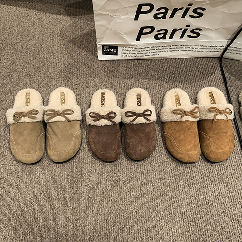 Pushing on the head, fluffy half-slippers, women's autumn and winter, plus velvet, new retro warm cotton slippers