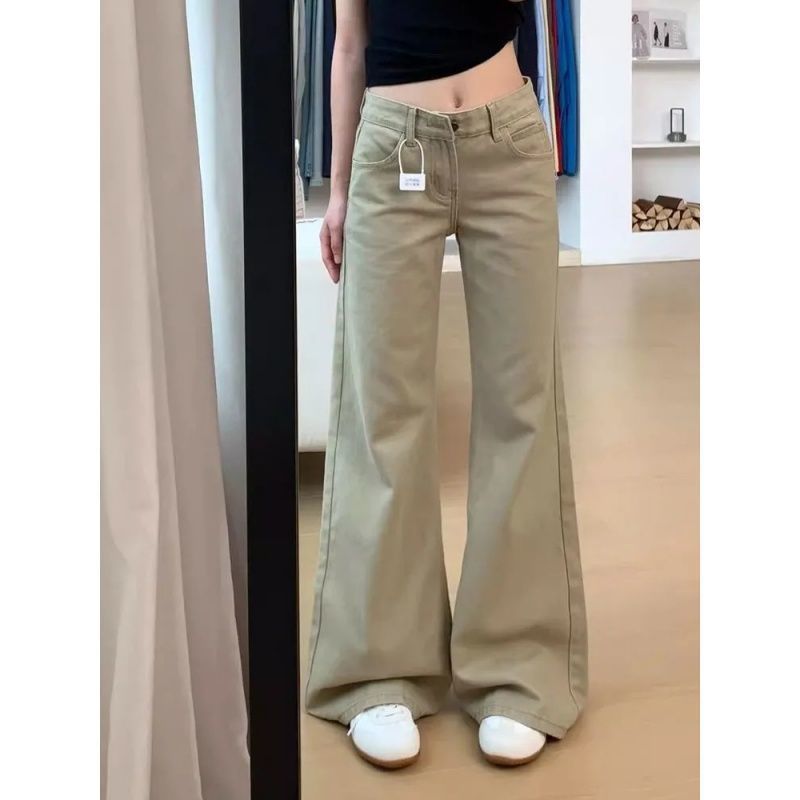 美式复古卡其色低腰微喇牛仔裤女秋季新款百搭宽松显瘦阔腿长裤子|undefined