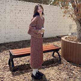 高级感红色毛呢小香风套装裙女2025秋冬气质毛外套半身裙两件套