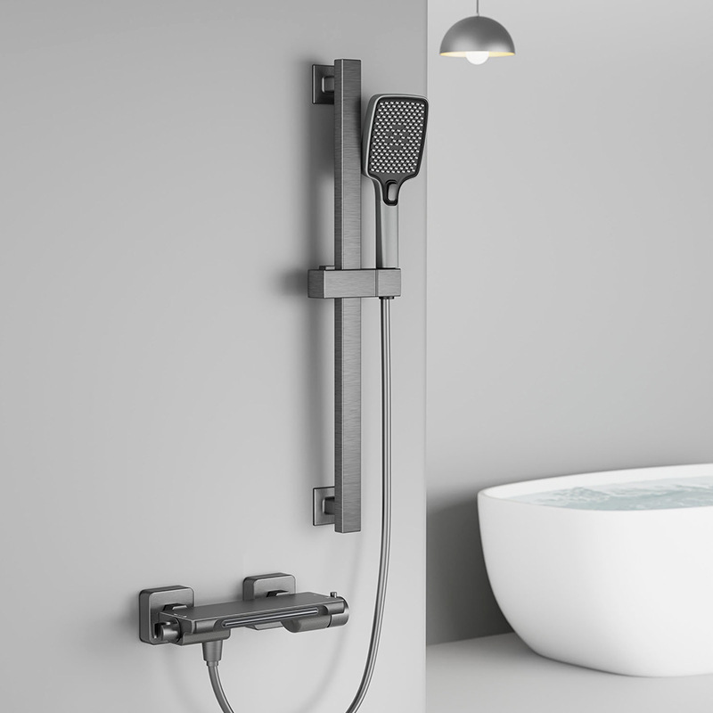 All-Copper Gun Gray Bathtub Waterfall Faucet Hot and Cold Bath Bathroom Wall-Mounted Tub Side Shower Set