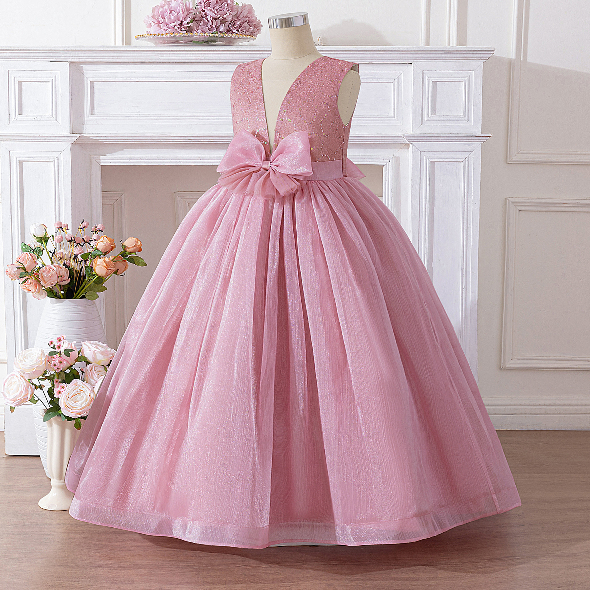 Vestido de princesa para niñas transfronterizas, lazo grande, espalda en V profunda, chaleco con cuello en V, banquete, espectáculo de cumpleaños, vestido de princesa de alta gama