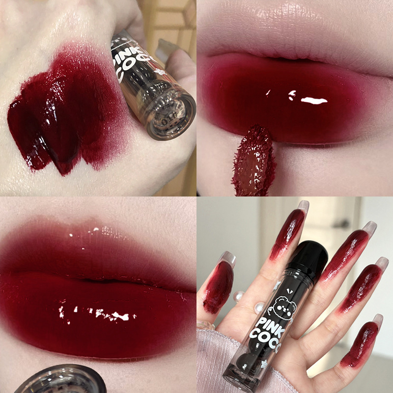 PINKCOCO熊ブツブツ鏡面唇釉薬色落ちしない水光唇彩学生党白すっぴん顔色口紅|undefined