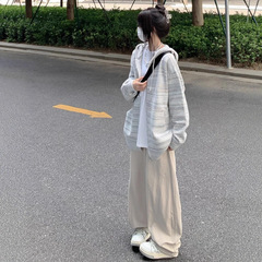 美式复古oversize小众连帽条纹卫衣毛衣外套女夏季季2025新款