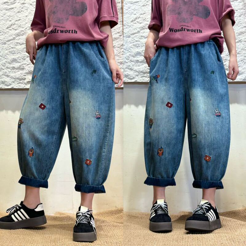 Embroidered Cartoon Jeans 2026 Spring and Summer New Style Elastic Waist Dad Pants Casual Harem Pants for Women 86673 Embroidered Cartoon Jeans 2026 Spring and Summer New Style Elastic Waist Dad Pants Casual Harem Pants for Women 86673