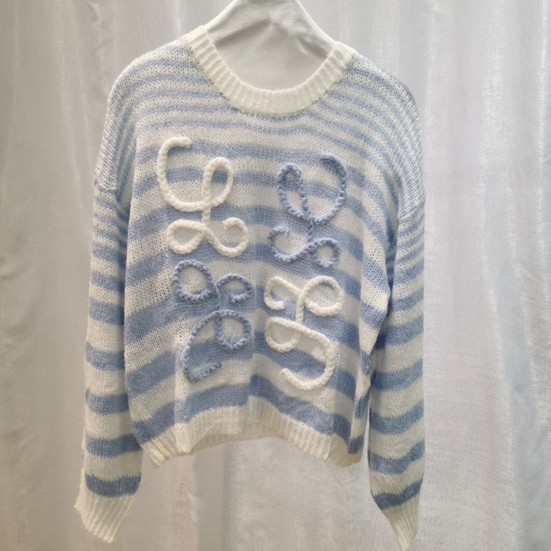 Spring and Autumn Striped Round Neck Pullover Temperament Commuting Long Sleeve Blue Striped Mohai Knitted Cotton Cardigan