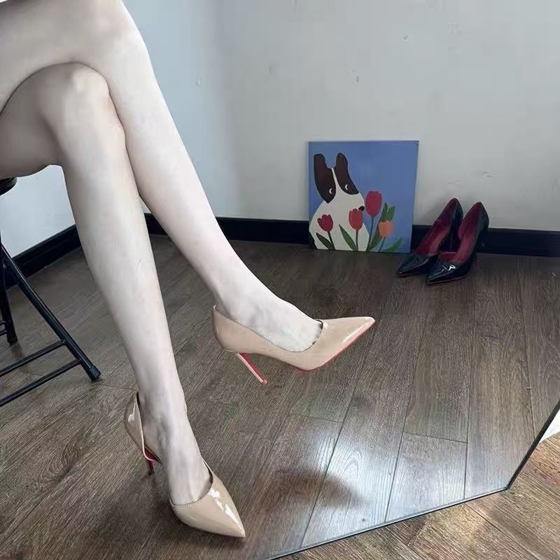 Pointed Side Empty Sexy Nude High Heels Women's Beautiful Stiletto Heel Elegant Black Patent Leather Single Shoes 2025 New Spring and Autumn