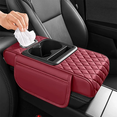 Tissue Box, Car Central Armrest – Armrest box pad - burgundy-upgraded-model-with-tissue-box