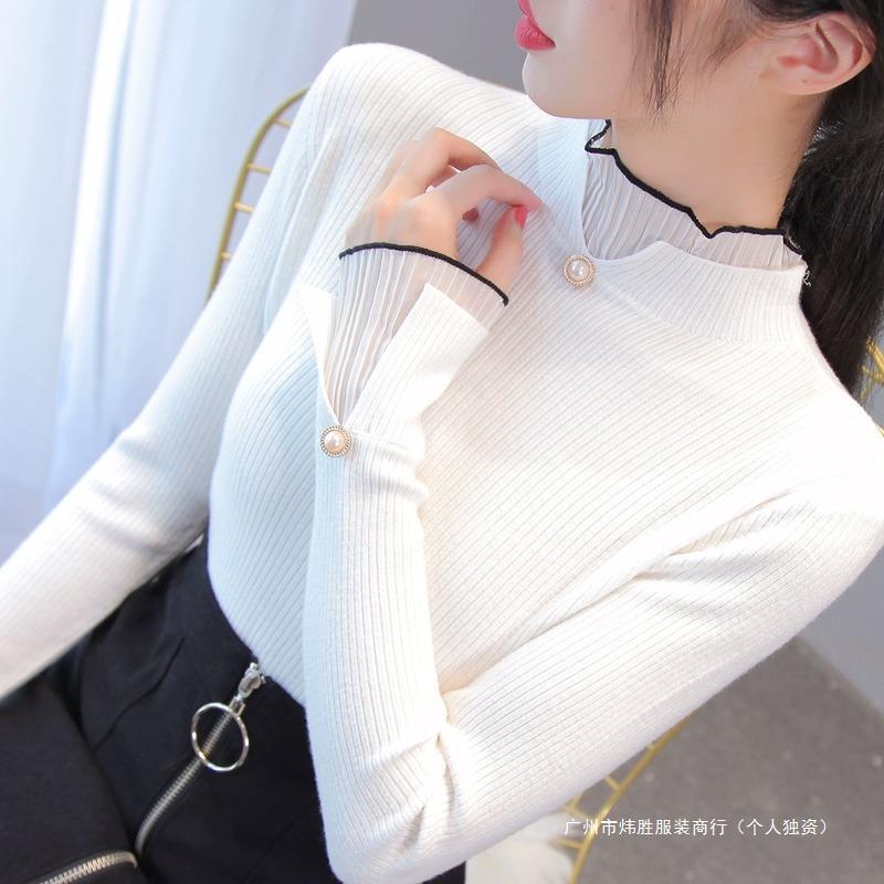 White Knitted Sweater for Women, Half-Turtleneck, Thickened, Slim-Fit, Stylish Long-Sleeve Base Layer