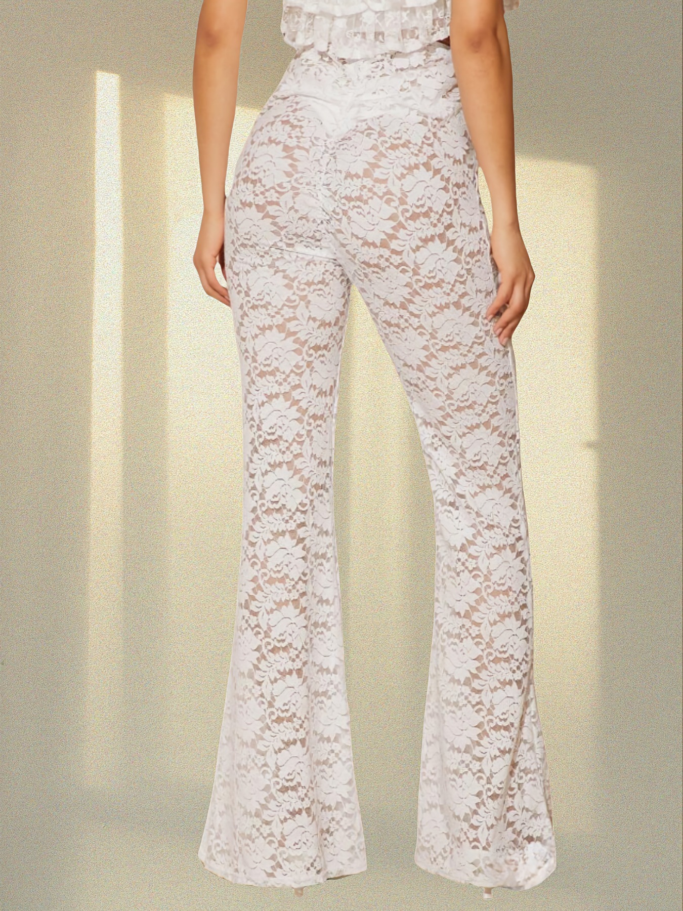 Calças flare em renda transparente cintura alta estilo boho chic_voghion.com