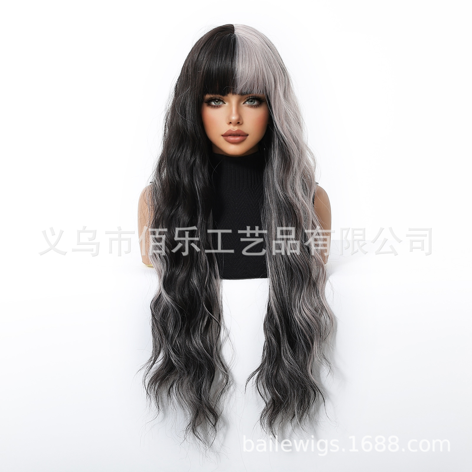 Perucas grises negras, rizos largos, cubierta de cabeza completa, Halloween, cos fibra química, cabello femenino, Europa y América en stock.