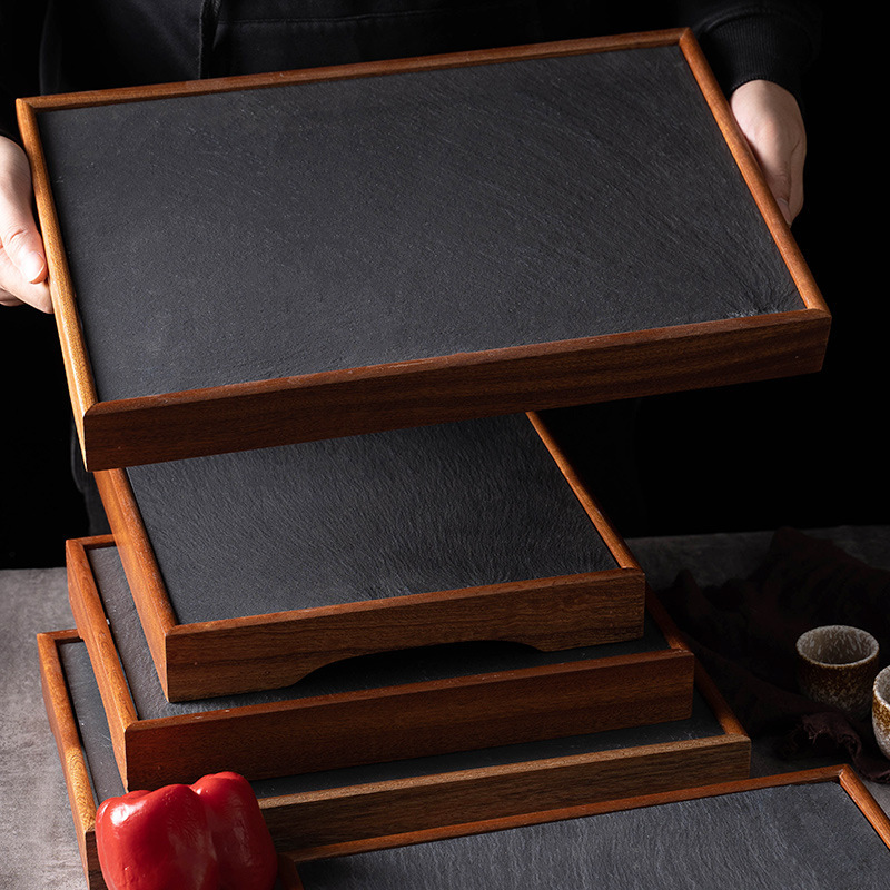 Black Rock Dinner Plate Japanese Style Distinctive Creative Commercial Vintage Log Hot Pot Rinse Plate Slate Tableware Barbecue