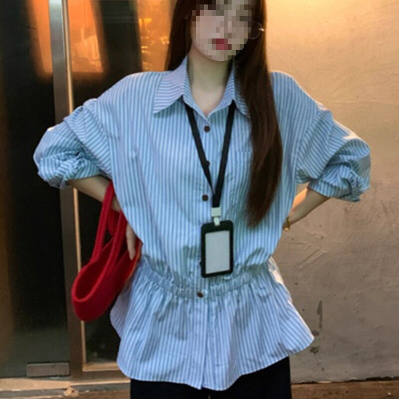 (全额运补)早秋通勤百搭领条纹收腰衬衫女显瘦上衣其他无袖|undefined