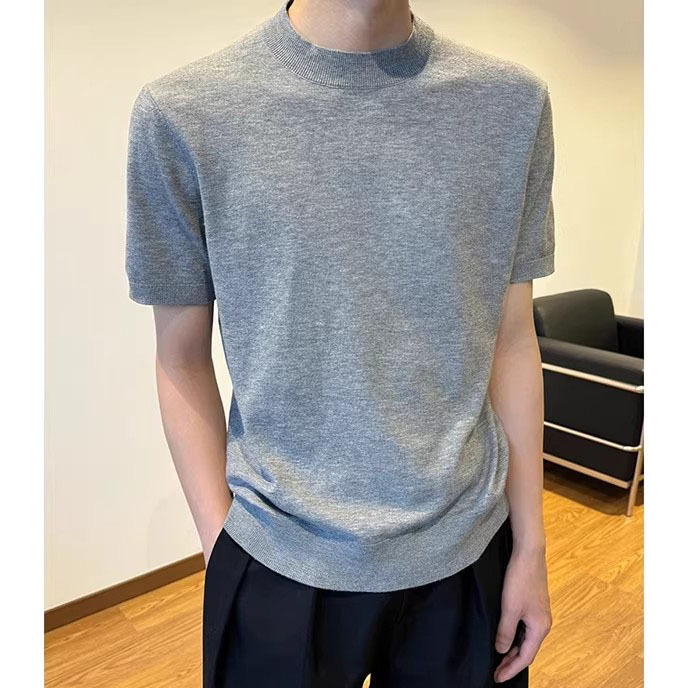 Camiseta de punto hombre de manga corta cuello medio alto viejo estilo de dinero delgado camiseta de base de color sólido camiseta de seda de hielo fábrica transfronteriza al por mayor