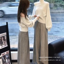 新款韩系长袖斜肩毛衣女秋冬季宽松感慵懒风针织衫露肩一字肩上衣