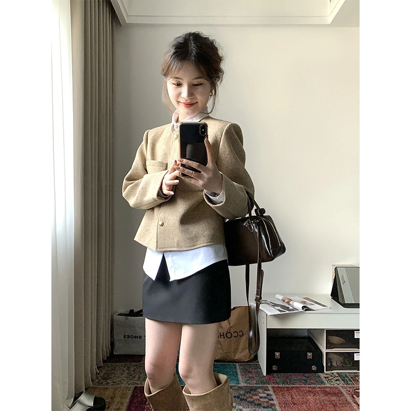 秋季穿搭一整套高级感小香风金扣外套条纹衬衫呢子短款半裙两件套|undefined