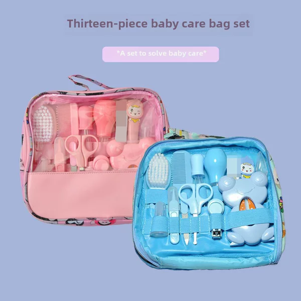 Baby care cloth bag suit baby nose aspirator nail clippers 13 pieces cartoon set daily cleaning supplies care package