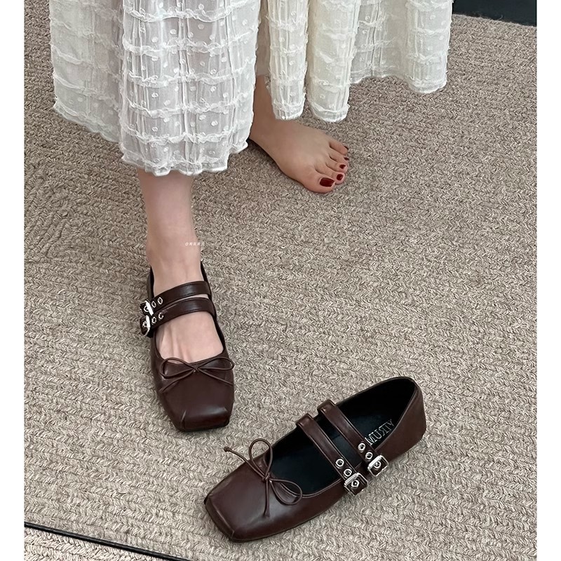 Brown autumn retro Mary Jane shoes square toe flat low-cut