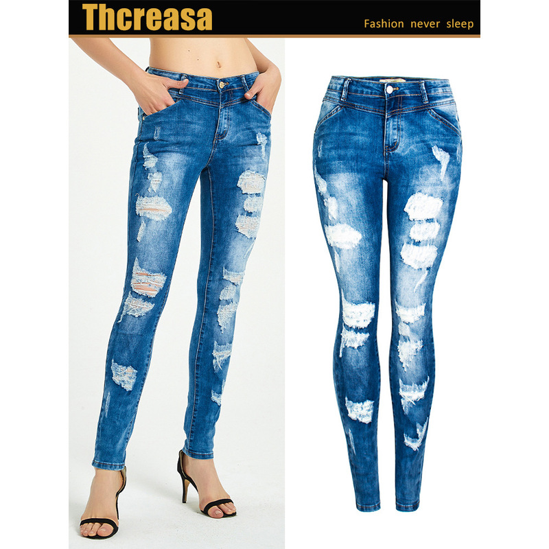 European and American Fashion Aliexpress New Style Ripped Mid-Waist Stretch Jeans Women's Long Pencil Pants Available in Plus Sizes