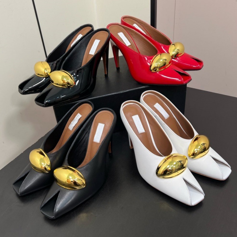 European and American Style Women's New Retro Mule Shoes Cowhide Metal Buckle Square Fish Mouth Stiletto Heel Open Toe Sexy Sandals