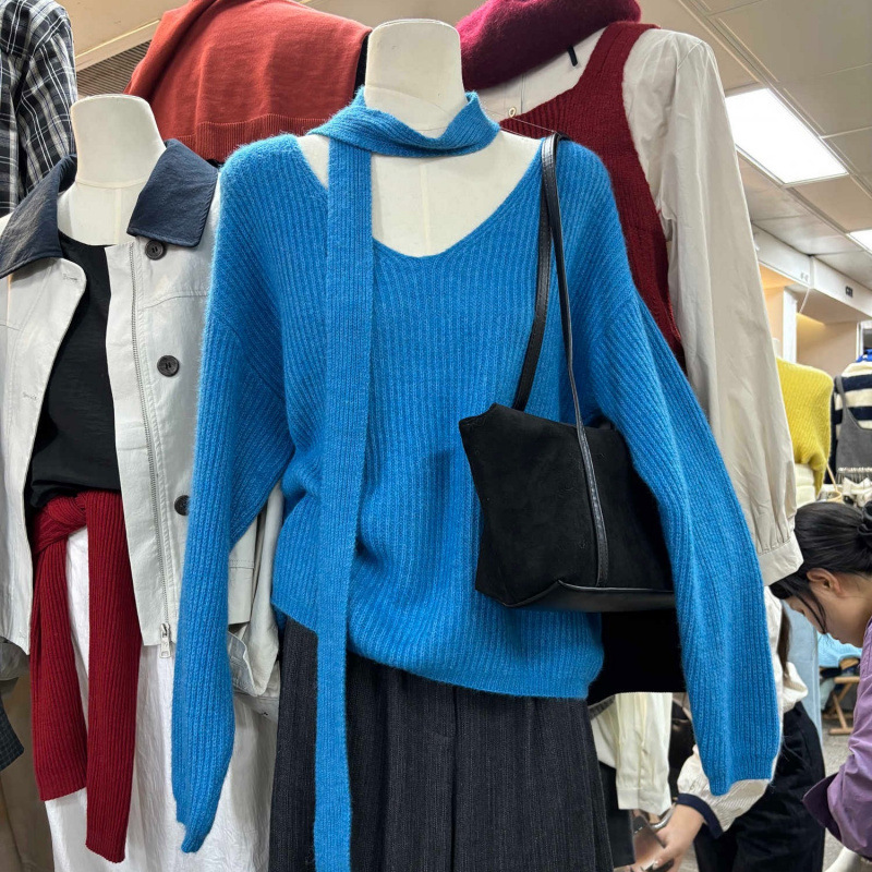 设计感挂脖飘带毛衣女慵懒高级感小众长袖上衣套头羊毛宽松针织衫|undefined