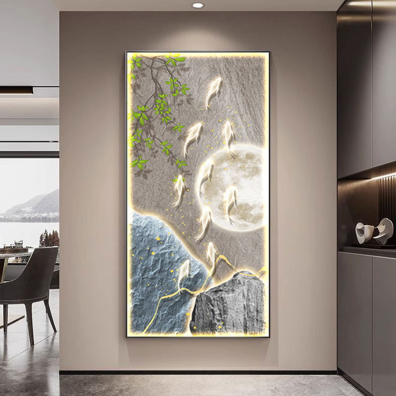 现代简约玄关装饰画侘寂风客厅九鱼发光灯画茶室挂画走廊过道壁画|undefined