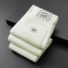 欧棉绒休闲裤男士秋冬新款提花时尚条纹直筒裤冬季保暖加厚长裤子