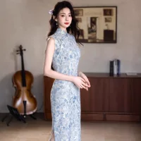 Bei Чжиюн He He Ling Новый китайский печатный полый улучшенный женский чонсам весной и летом красивое платье без рукавов с воротником