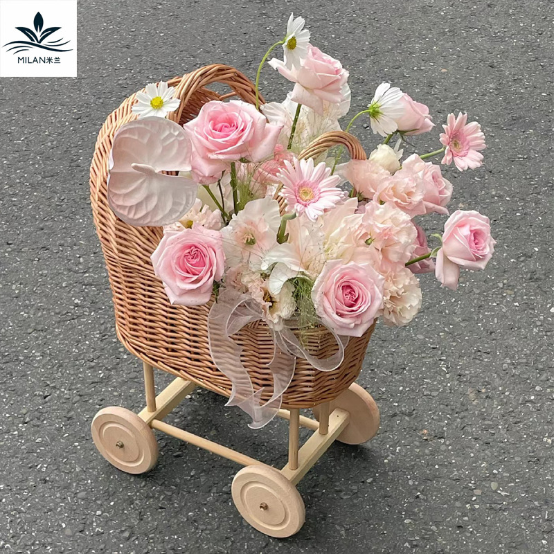 Cestas de huevos de la luna tejidas a mano, carrito de bebé, cestas de flores de sauce, cestas de flores de diseño de flores, cestas de flores DIY