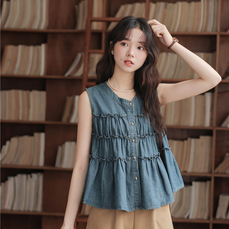 2025 Summer New Korean Retro Literary Ruffled Pleated Round Neck Cardigan Denim Sleeveless Shirt Top for Women