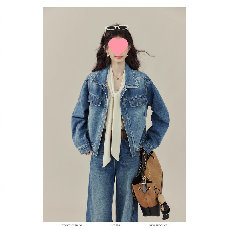 Ouyang Xi "West Coastline" Petite Blue Denim Jacket Women's Short Autumn Loose Jacket Top