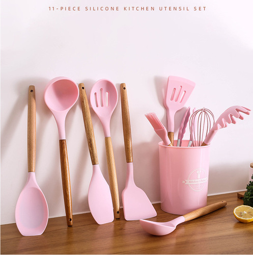 Cross-border silicone kitchenware household non-stick cooking spatula baking colorful wooden handle kitchen supplies