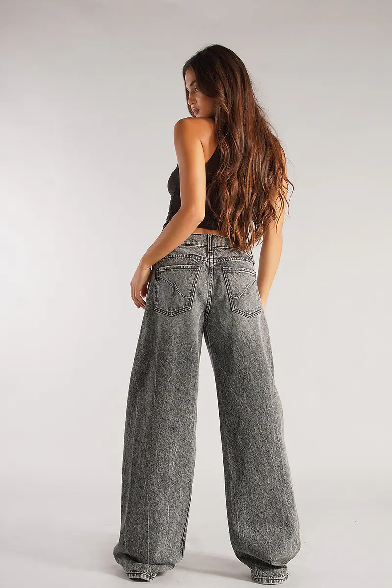 Women's Low Waist Baggy Jeans, Vintage Washed Wide Leg Denim Pants With Knit Waistband, Y2K Streetwear Trousers For Daily Casual_ecoleips.com