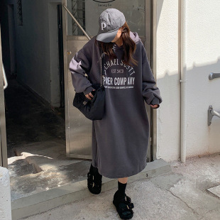 Letter printed with cashmere thickened hooded long knee sweater skirt winter loose fat plus size lazy wind coat female