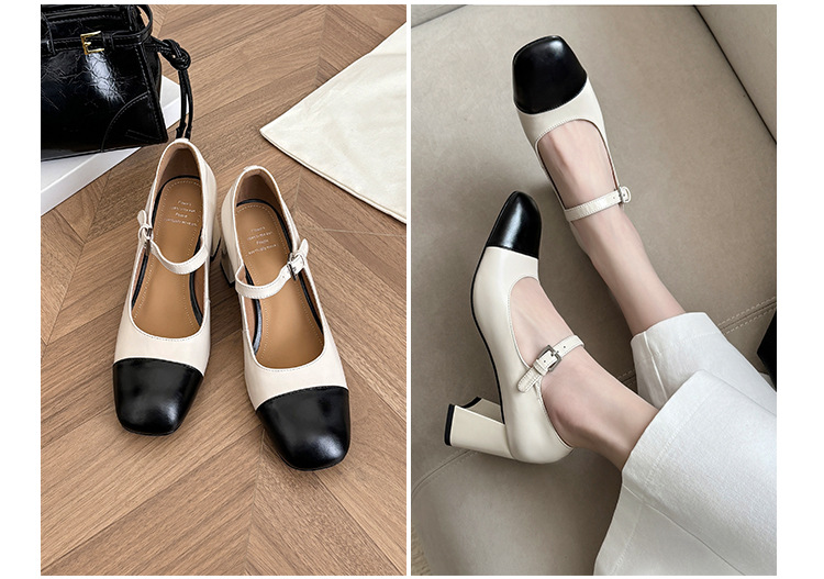 Giày Mary Jane nữ mũi vuông kiểu Pháp gót thô quai ngang phối màu phong cách Chanel — Màu đen, Màu đỏ rượu, Màu trắng be chi tiết 10