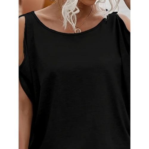2025 Shoulder-Strap New Korean Version Summer Stylish Design Regular Small Hollow Short-Sleeve Top with Large Round Collar
