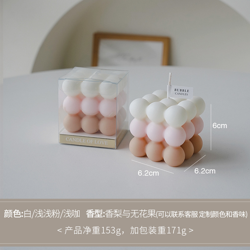 Velas de incienso de cubo de Rubik tricolor blancas / polvo claro / Café claro (aroma: peras fragantes e higos)