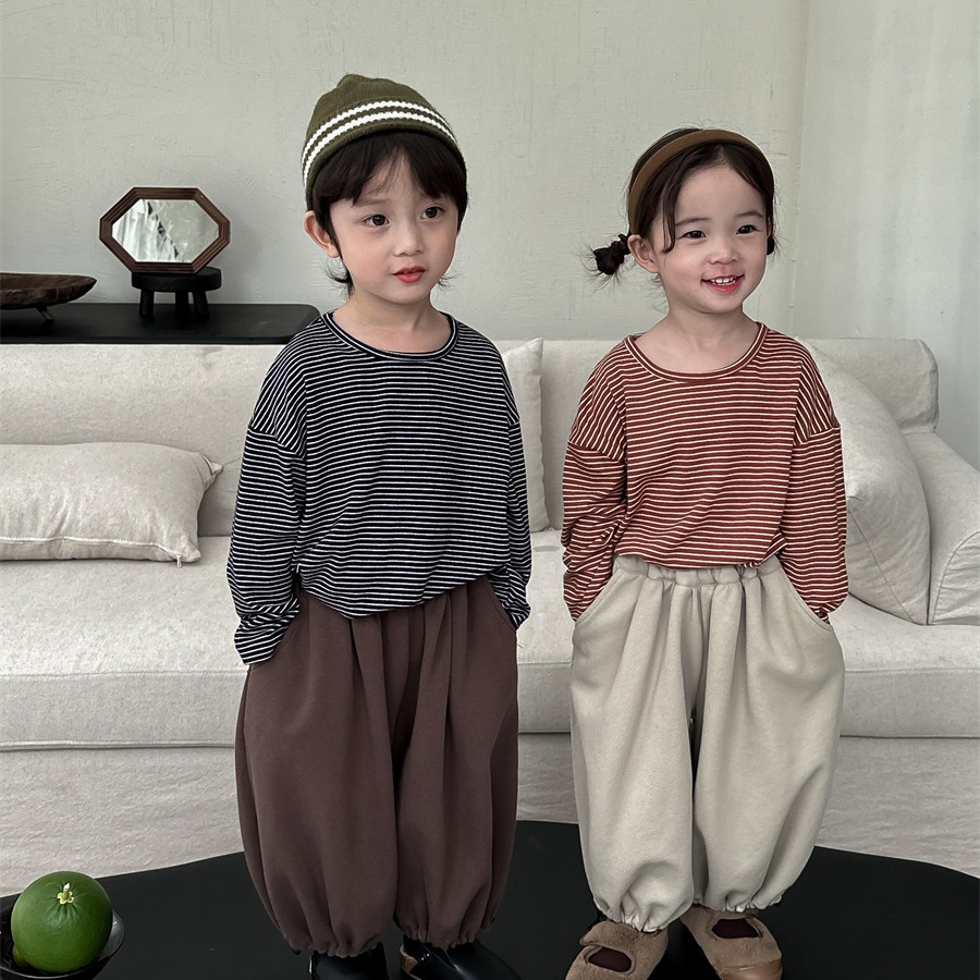 Jiaye children's 2024 children's spring striped long-sleeved bottoming shirt for boys and girls, simple loose T-shirt inner wear