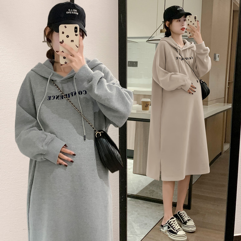 Maternity Fleece-Lined 2025 New Style Letter Print Drawstring Hooded Sweatshirt Stylish Autumn and Winter Plus Size Gray Dress Maternity Fleece-Lined 2025 New Style Letter Print Drawstring Hooded Sweatshirt Stylish Autumn and Winter Plus Size Gray Dress