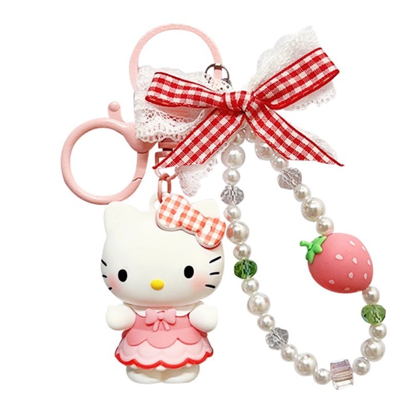 正版三丽鸥格纹草莓系列钥匙扣HelloKitty库洛米玩偶可爱包包挂饰|undefined